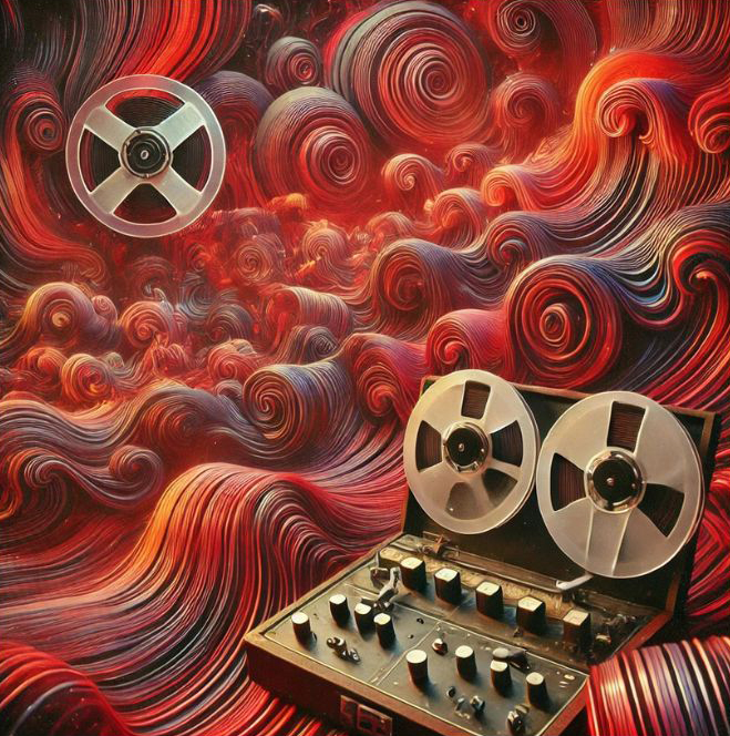 DALL.E 2025 02 25 22.32.56   A surreal psychedelic soundscape with abstract waves of noise and field recordings. The image is filled with swirling red and warm toned hues creat